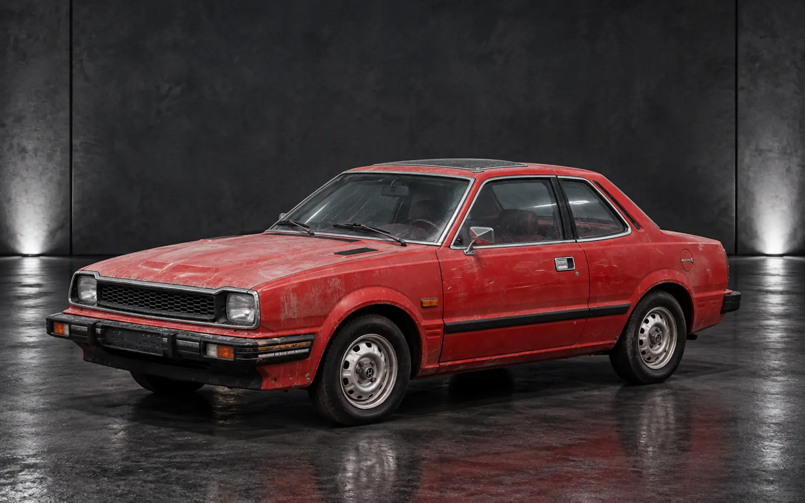 A rendered garage scene of the red Prelude